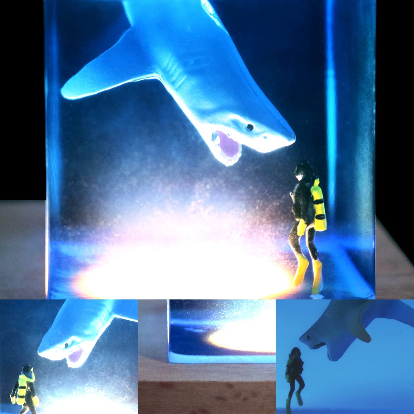 eletriace Shark Diver Night Light Table Lamp, Handmade Resin Shark Lamp, Novelty Night Light Cube Desktop Ornament, Suitable for Bedroom, Office Decoration, Creative Gift for Family and Friends