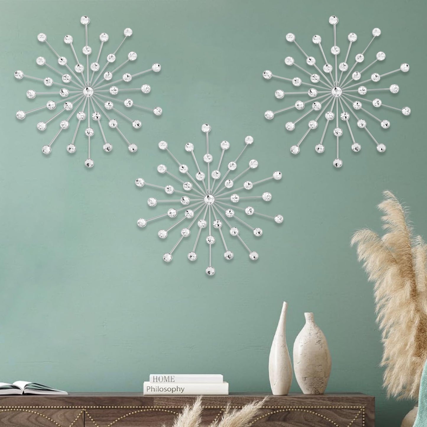 SIYIKRYP Set of 3 Crystal Sunburst Wall Decor – 11.8" Silver Metal Wall Art with Rhinestone Accents – Modern 3D Starburst Hanging Ornaments for Living Room, Bedroom, Office