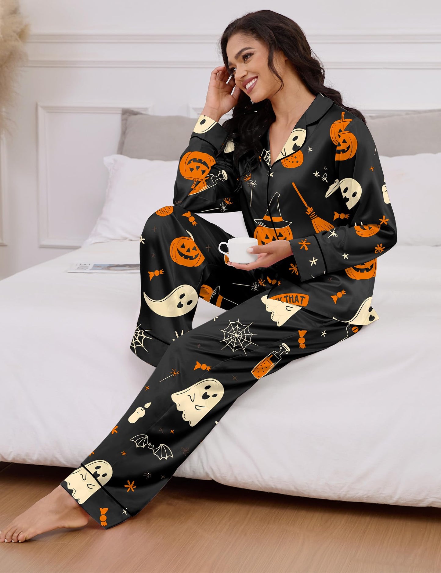 SHESHOW Funny Halloween Pajamas Women Satin Pajama Long Sleeve 2 Piece Sets Cute Halloween Pjs Women Black M