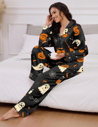SHESHOW Funny Halloween Pajamas Women Satin Pajama Long Sleeve 2 Piece Sets Cute Halloween Pjs Women Black M