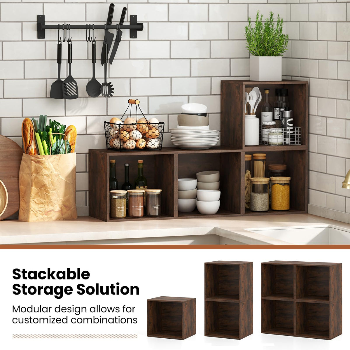 Giantex 4-Cube Bookcase, Stackable Cube Storage Organizer w/Open Bookshelf, Wooden Display Shelving Unit for Small Space, DIY Modular Cubby Storage System for Home, Study, Rustic Brown