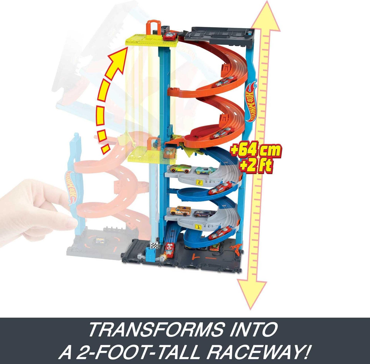 Hot Wheels City Racetrack, Transforming Race Tower, 2-in-1 Tower Mode or Race Mode for Single or Dual Racing, Includes 1 Toy Car in 1:64 Scale, Toys for Ages 3 and Up, One Pack, HKX43