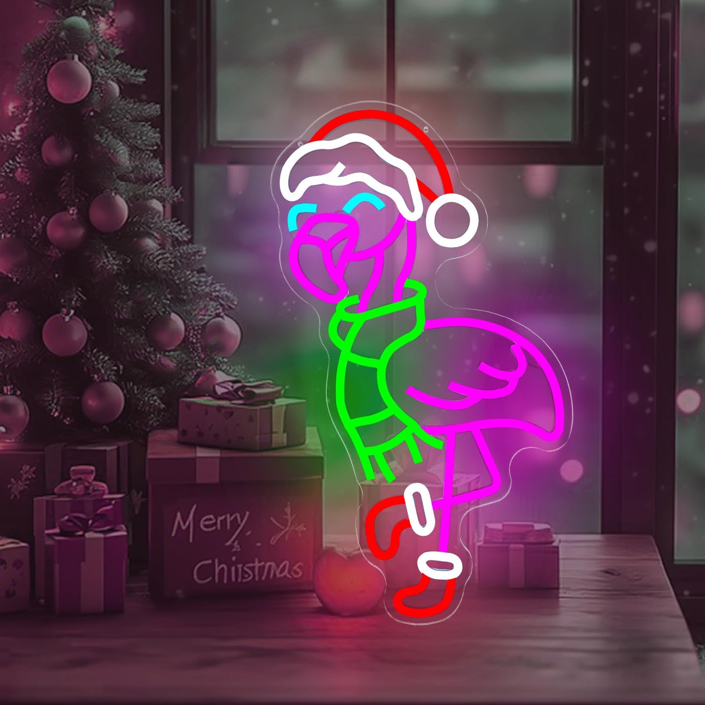 hhuohuona Christmas Flamingo Neon Sign Dimmable Pink Flamingo Christmas Led Sign Flamingos With Santa Hat & Scarf & Stockings Neon Light Tropical Coastal Wall Art Decor