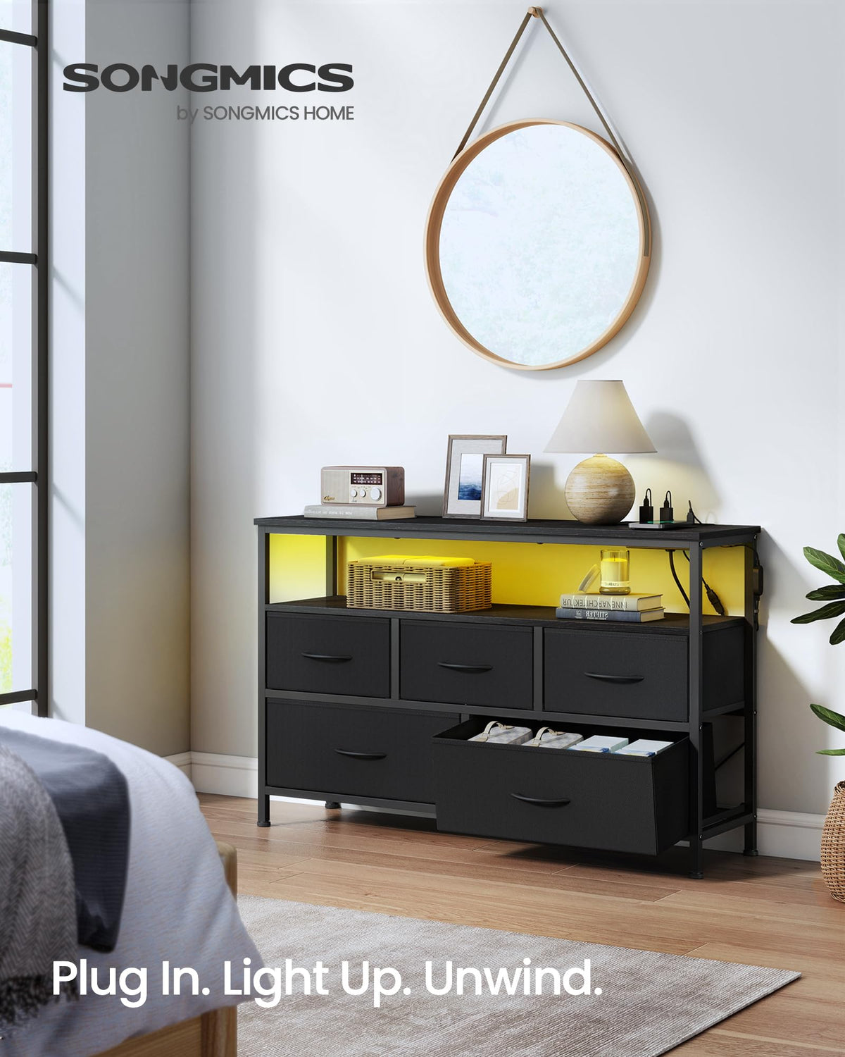 SONGMICS BELLAH Collection - Dresser for Bedroom with App-Controlled LED Lights and Charging Station, Chest of Drawers, TV Stand, 5 Drawers, Shelf, Modern, Ink Black ULGS723BH02S