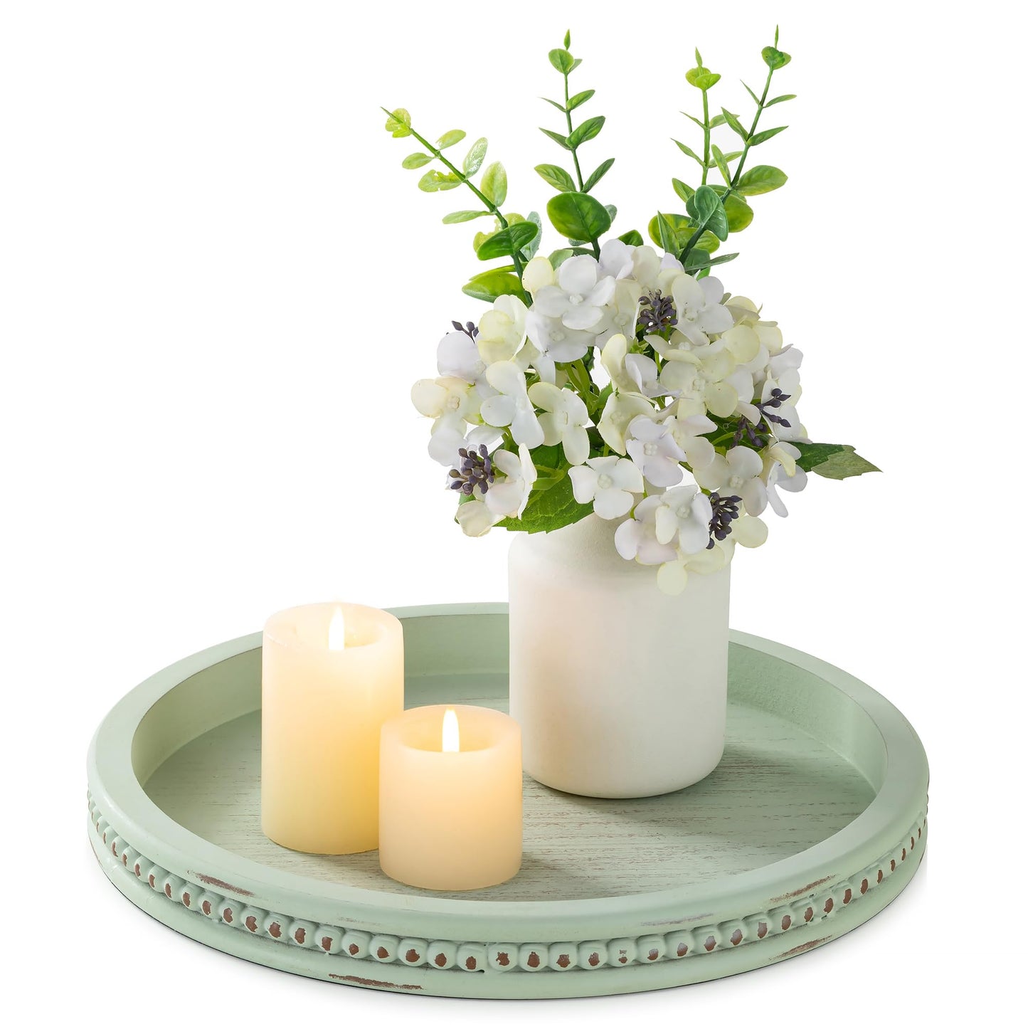 Hanobe Sage Green Tray Decor: Round Decorative Tray for Coffee Table Centerpiece - Wooden Candle Plate Holder for Rustic Farmhouse Home Living Room Kitchen Counter