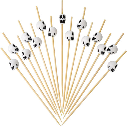 Minisland Halloween White Skull Cocktail Picks, 4.7 Inch Long Bamboo Fancy Toothpicks for Appetizers, Decorative Fall Holiday Party Food Drinks Garnish Fruit Kabob Skewer Sticks 100 Counts - MSL127W