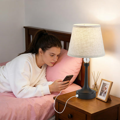 Leasgy 19.7'' Touch Table Lamps for Living Room, Small Lamp for Bedroom with USB C+A Ports, Dimmable Touch Lamps, Reading Desk Lamp for Office, Metal Bedside Lamps, Bulb Included, 1pcs, Black