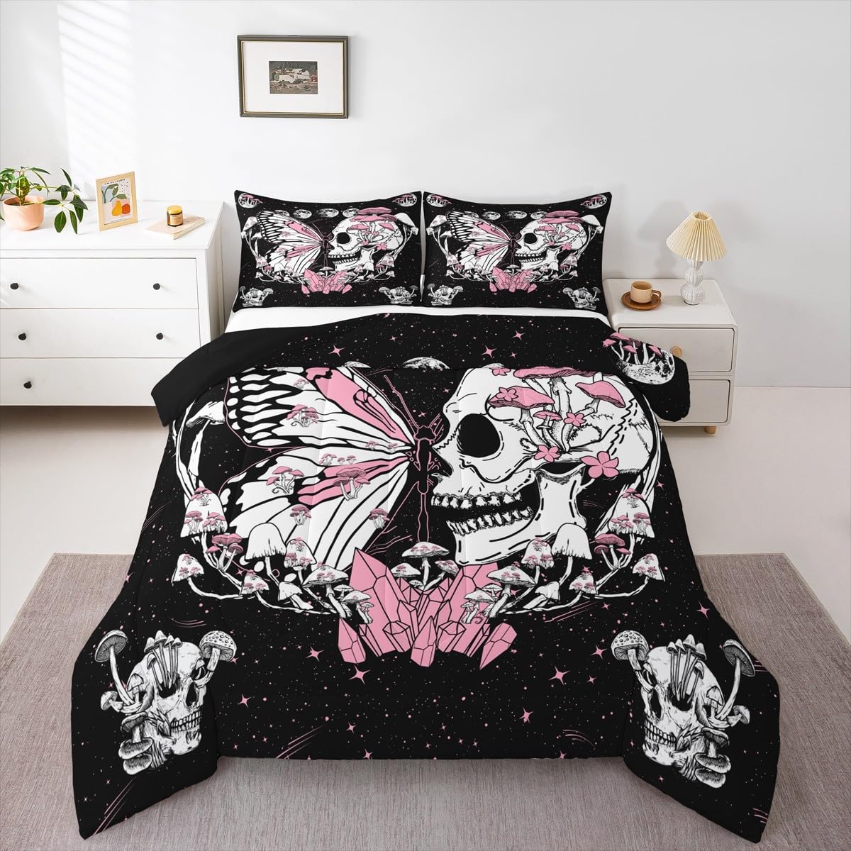 Skull Skull Bedding Set Full Size Pink Butterfly Mushroom Comforter Set Starry Galaxy Moon Quilted Duvet 3pcs for Kids Teens Girls Boys Bedroom Decor Wild Animals Plants Bedspread,2 Pillowcases