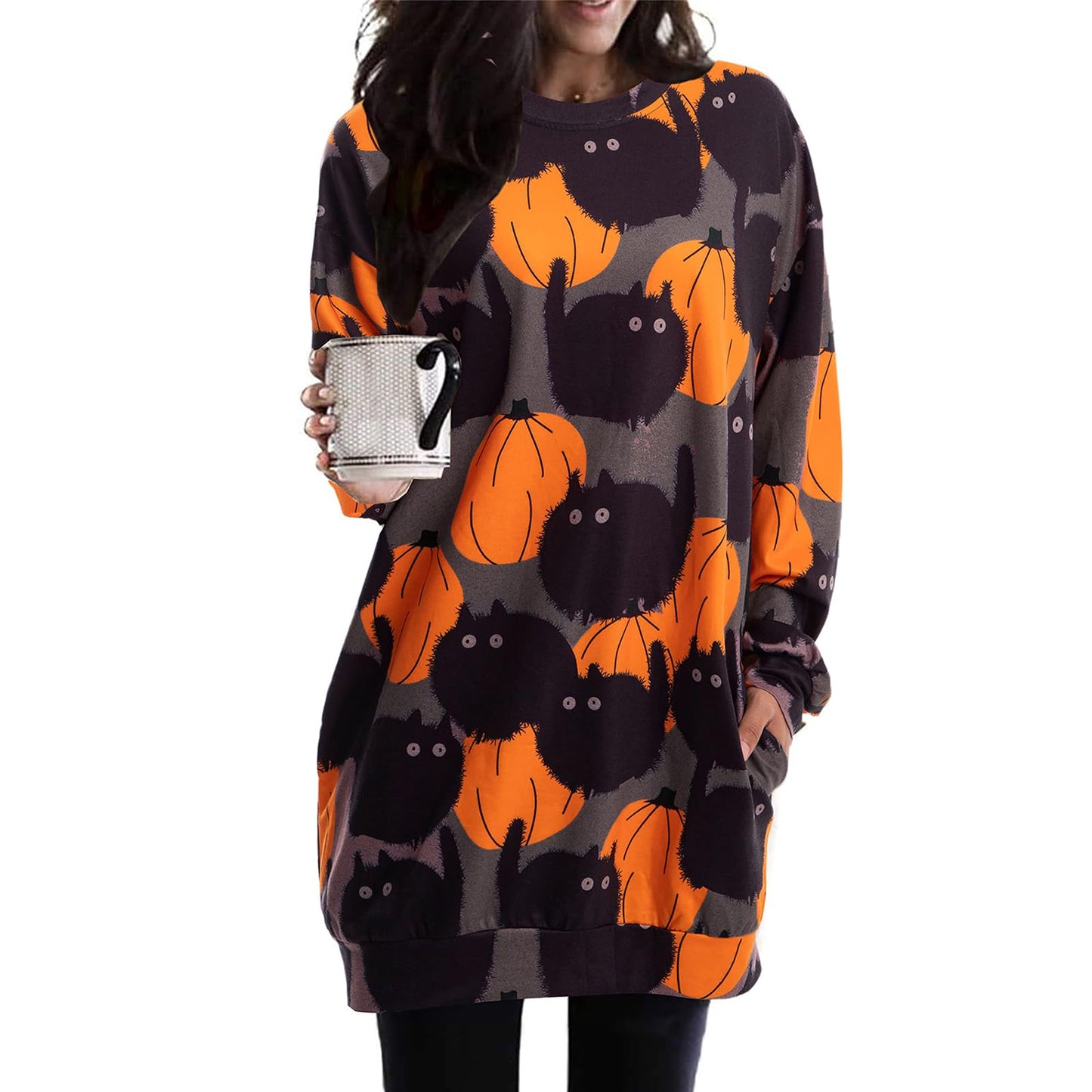 BOUTIKOME Womens Halloween Pumpkin Sweatshirt Black Cat Long Sleeve Crewneck Pullover Shirts with Pocket Tunic Tops (Dark Grey, X-Large)