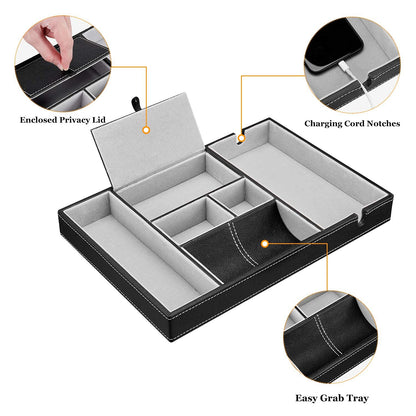 Baoyun Nightstand Organizer Tray,Leather Valet Tray for Men,EDC Catchall with Phone Charging Station,Dresser Top Organizer, 6 Compartments Entryway Box for Wallet, Keys, (Black)