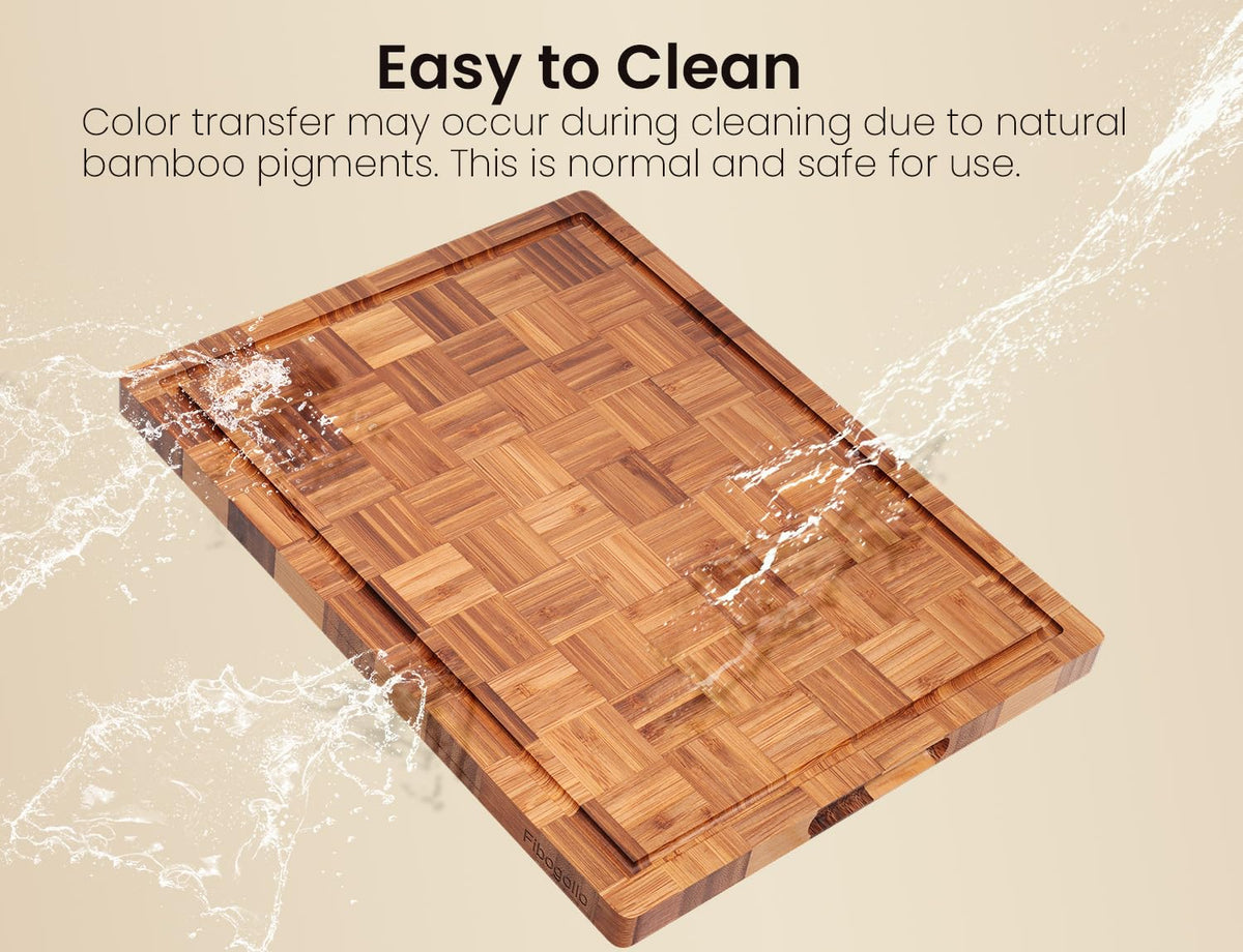 Fibogollo Bamboo Cutting Boards for Kitchen(Set of 3),Chopping Boards with Juice Groove,End Grain Serving Board with Holder,Bamboo Butcher Block for Meat,Vegetables,Fruit