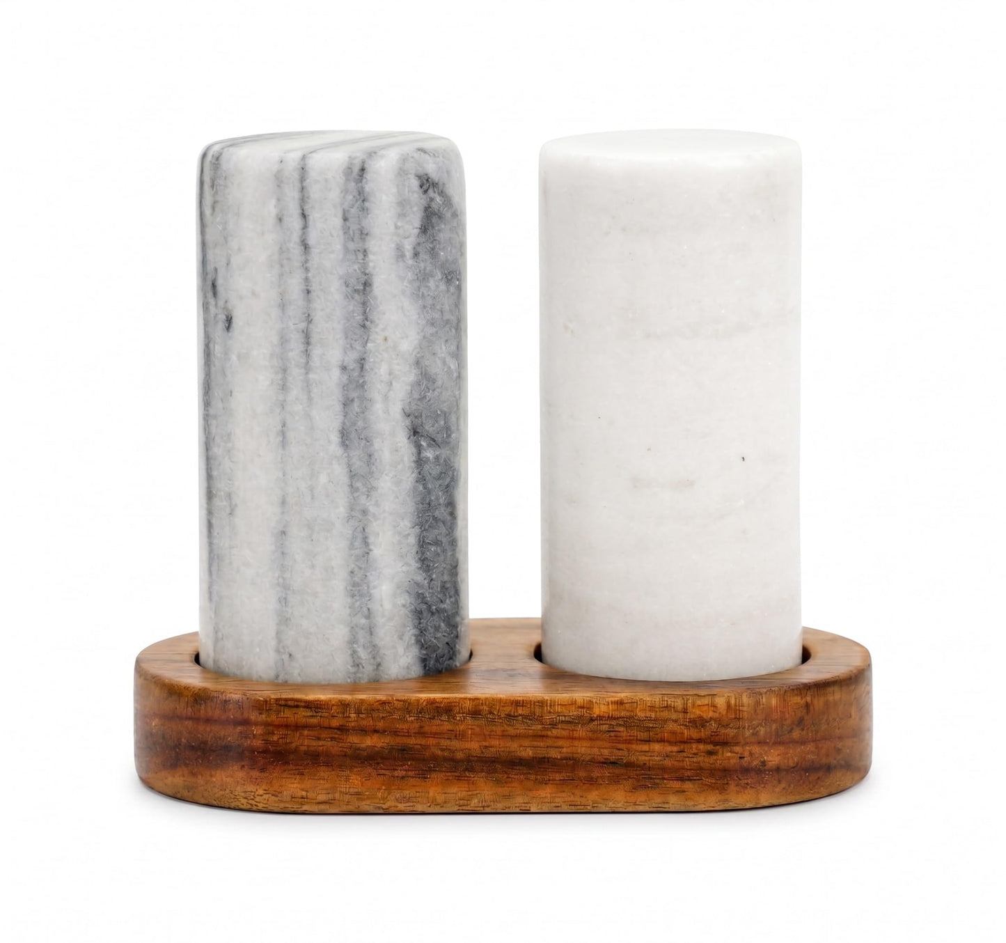 Spiretro Elegant Marble Salt and Pepper Shaker Set with Acacia Wood Holder - Real Grey and White Marble Cylindrical Shakers for Kitchen Shelf, Table or Spice Rack - 1.75” x 3.75” Each