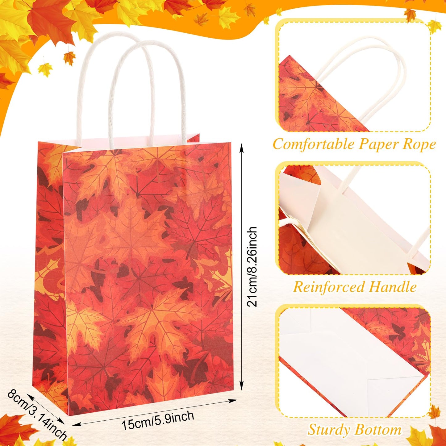 Tenceur 24 Pcs Fall Gift Bags Bulk Kraft Paper Orange Gift Bags Maple Leaf Elements Goody Candy Treat Pouches with Handles for Thanksgiving Autumn Wedding Birthday Party Favors