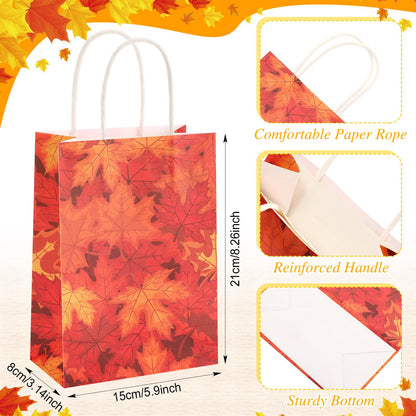 Tenceur 24 Pcs Fall Gift Bags Bulk Kraft Paper Orange Gift Bags Maple Leaf Elements Goody Candy Treat Pouches with Handles for Thanksgiving Autumn Wedding Birthday Party Favors