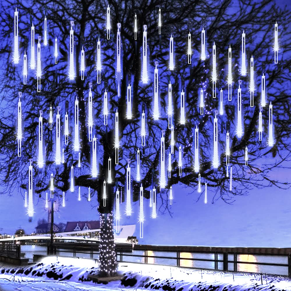 Kordain Christmas Lights Outdoor, Meteor Shower Lights Falling Star 12 inch 8 Tubes 144 LED Icicle Snow Falling Raindrop for Xmas Tree Halloween Party Decoration, UL Plug, White