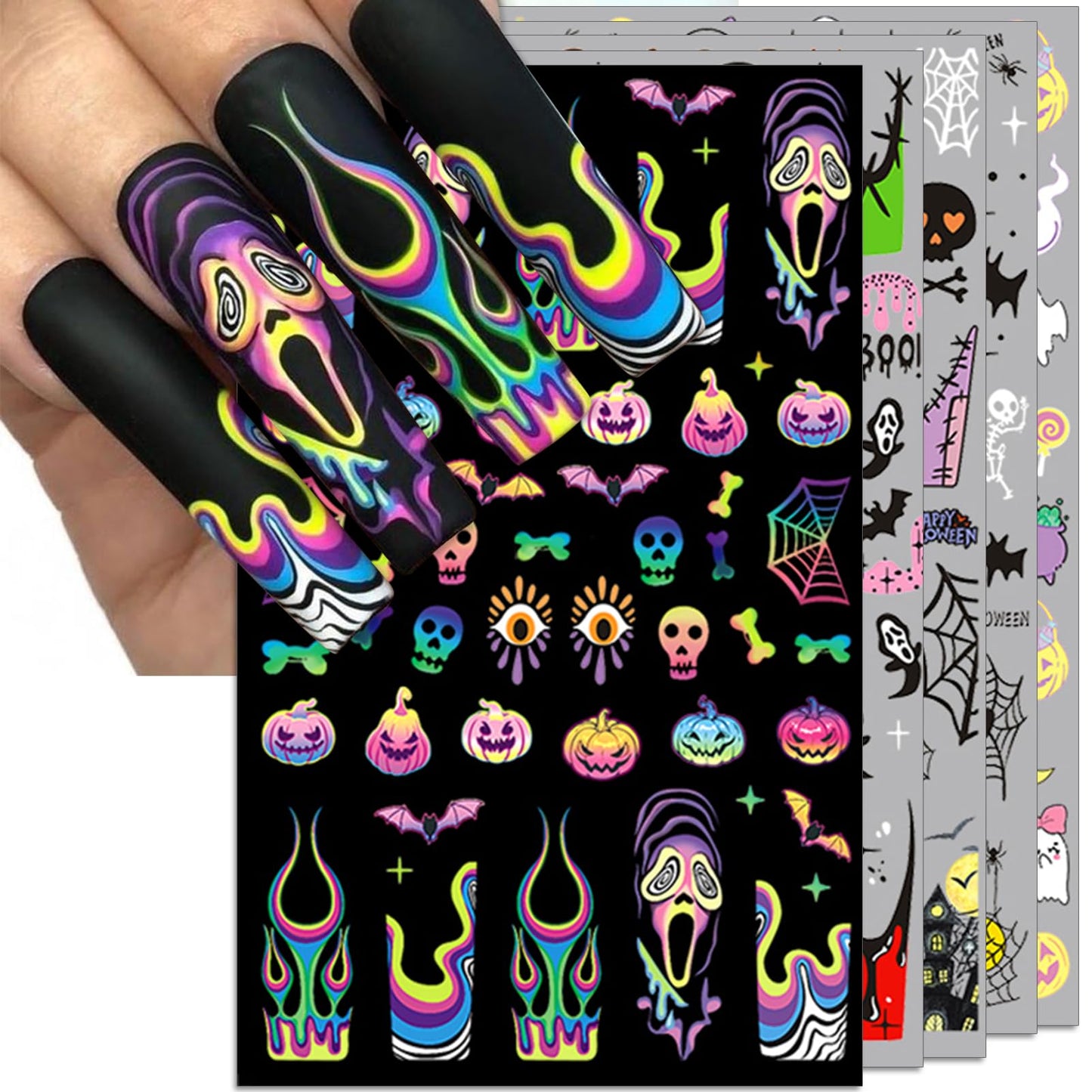 IDDFEVE Halloween Nail Art Stickers, Gradient Pumpkin, Horror Mask Nail Decals, 3D Self-Adhesive Spider-Web Bat Design for DIY Nail Supplies Decoration (5 Sheets)