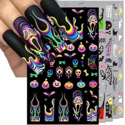 IDDFEVE Halloween Nail Art Stickers, Gradient Pumpkin, Horror Mask Nail Decals, 3D Self-Adhesive Spider-Web Bat Design for DIY Nail Supplies Decoration (5 Sheets)
