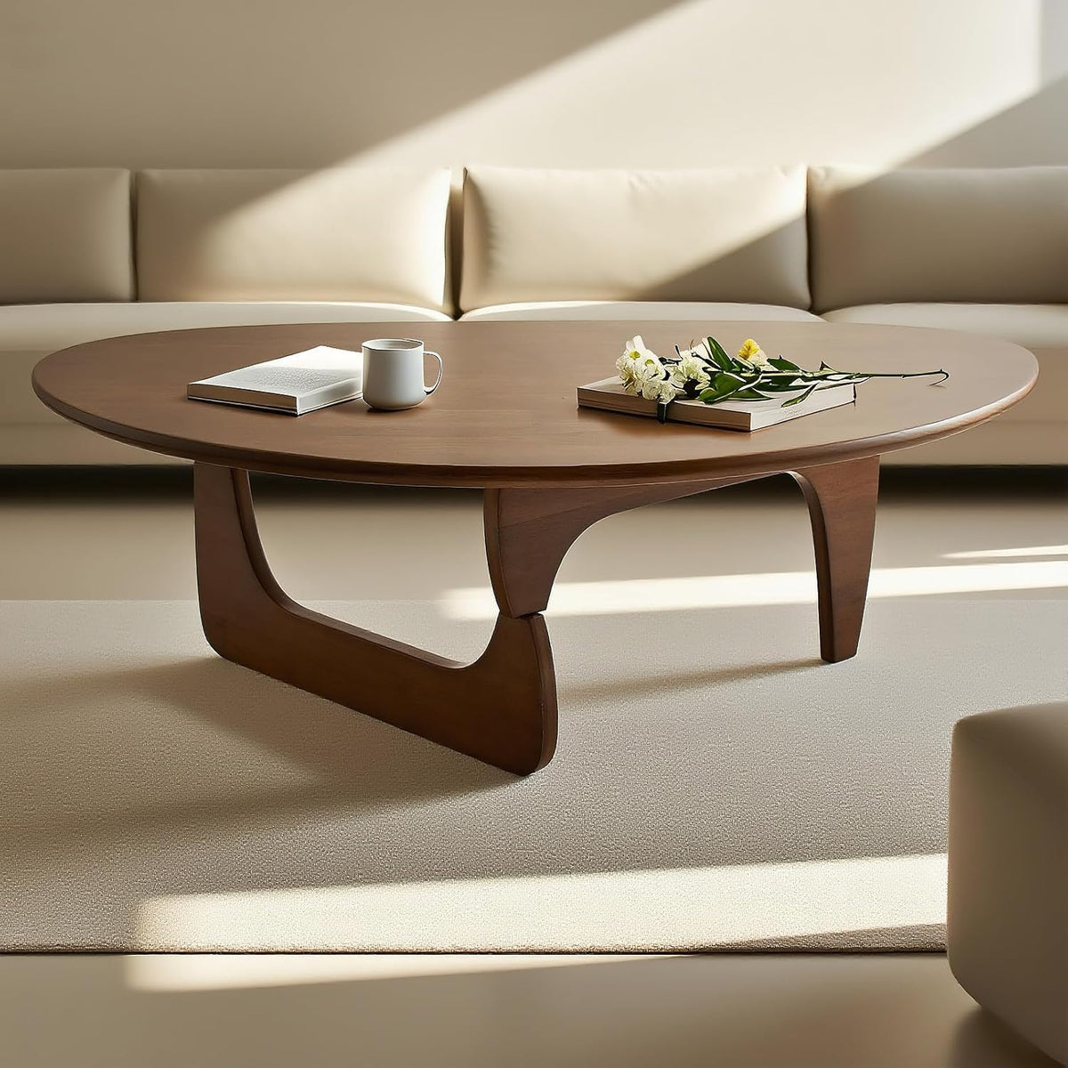 Solid Wood Triangle Coffee Table,Unique Mid Century Modern Oval Coffee Table,Irregular Geometric Tea Tables for Home Living Room with Wooden Tabletop and Reinforced Legs Walnut 35" L x 24" W x 16" H