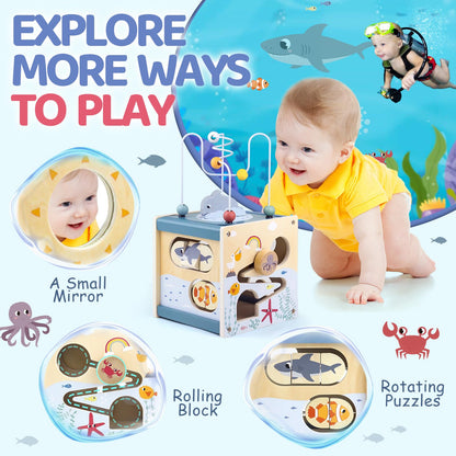 Airlab Wooden Activity Cube Baby Toys for 1 Year Old, 1st Birthday Gifts for Girls and Boys, 12+ Months Montessori Toys with Bead Maze Shape Sorter Educational Sensory Toys for Kids Age 1 2 3