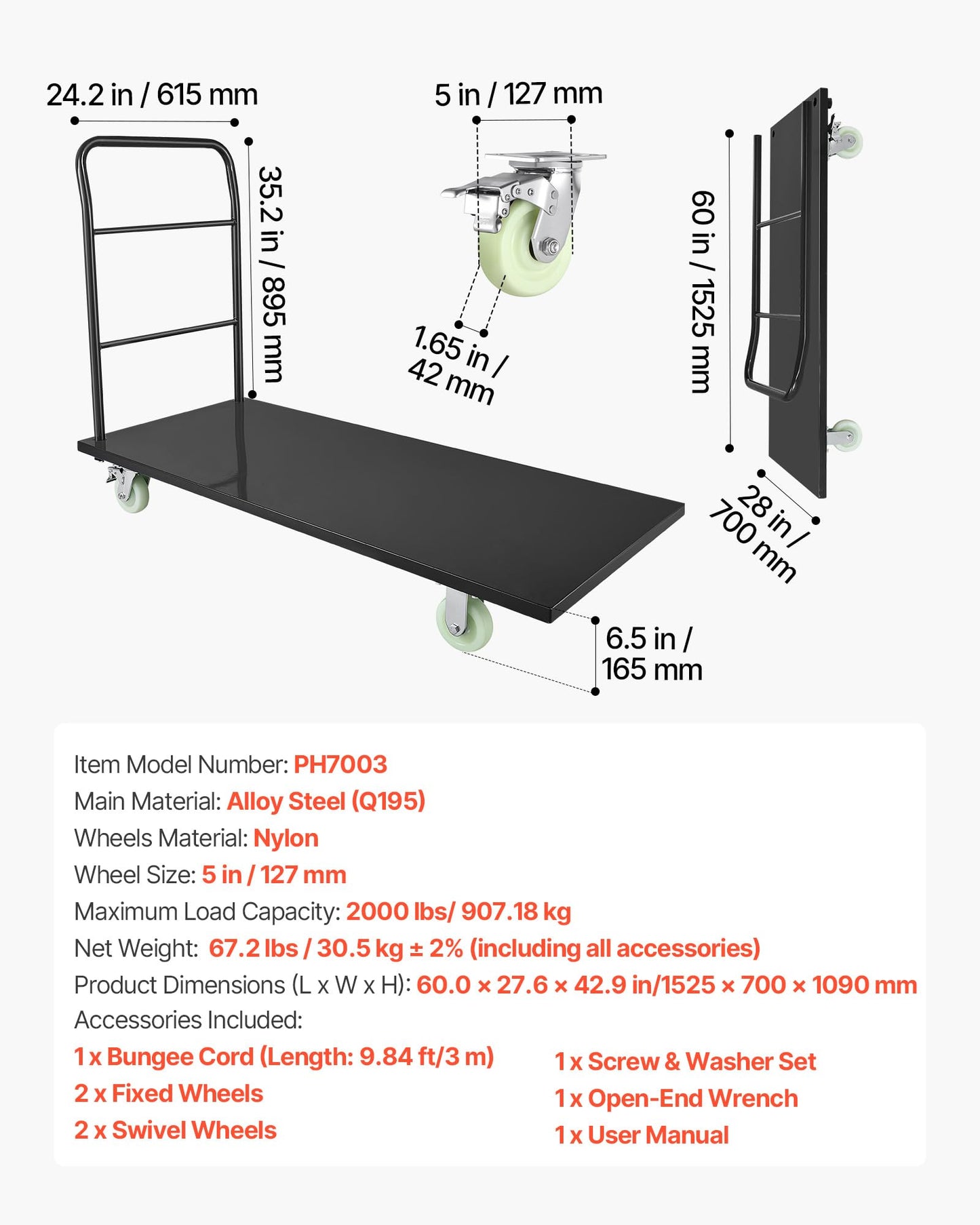 VEVOR 2000 LBS Heavy Duty Platform Truck, Upgraded Version with Larger Deck (60" x 28"), Industrial Steel Flatbed Cart with Swivel Wheels, Push Cart Dolly for Warehouse/Garage/Moving/Garden