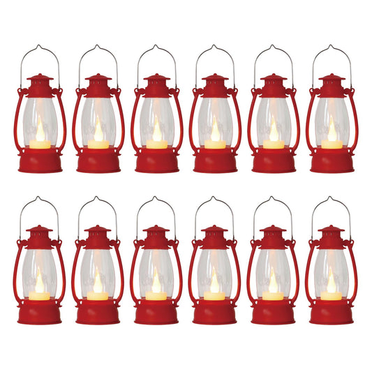 Reperla 12Pcs Red Mini Lanterns for Centerpiece – Vintage Lantern Decor for Christmas, Halloween, Weddings & Western Party – Hanging Ornaments Bulk with Flicker LED Candle for Cowgirl, Camping Decor
