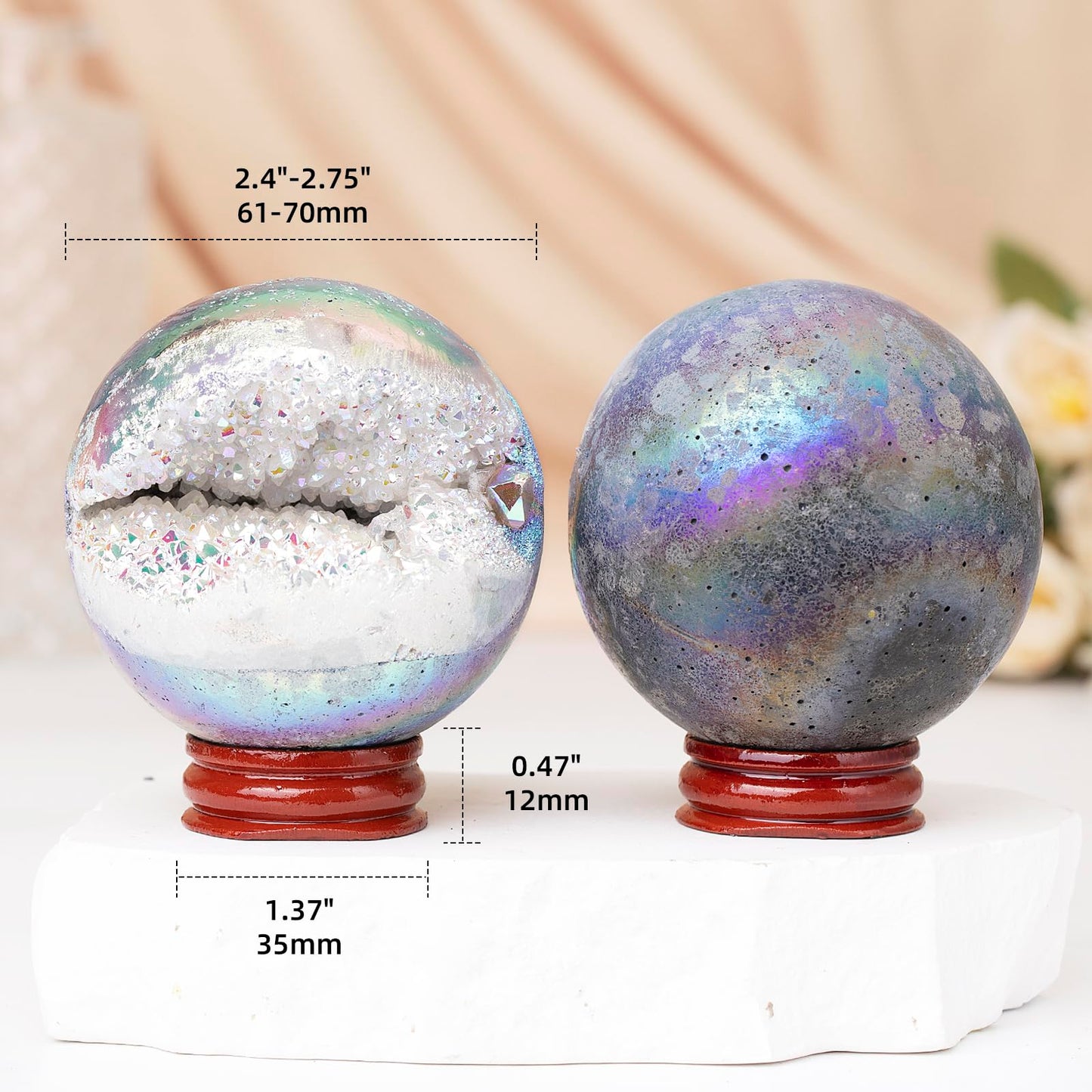 dssmboom White AB Titanium Coated Geode Stone Sphere with Wooden Stand for Home Decor, Rock Quartz Crystal Ball for Fengshui, Divination, Meditation, 61mm-70mm