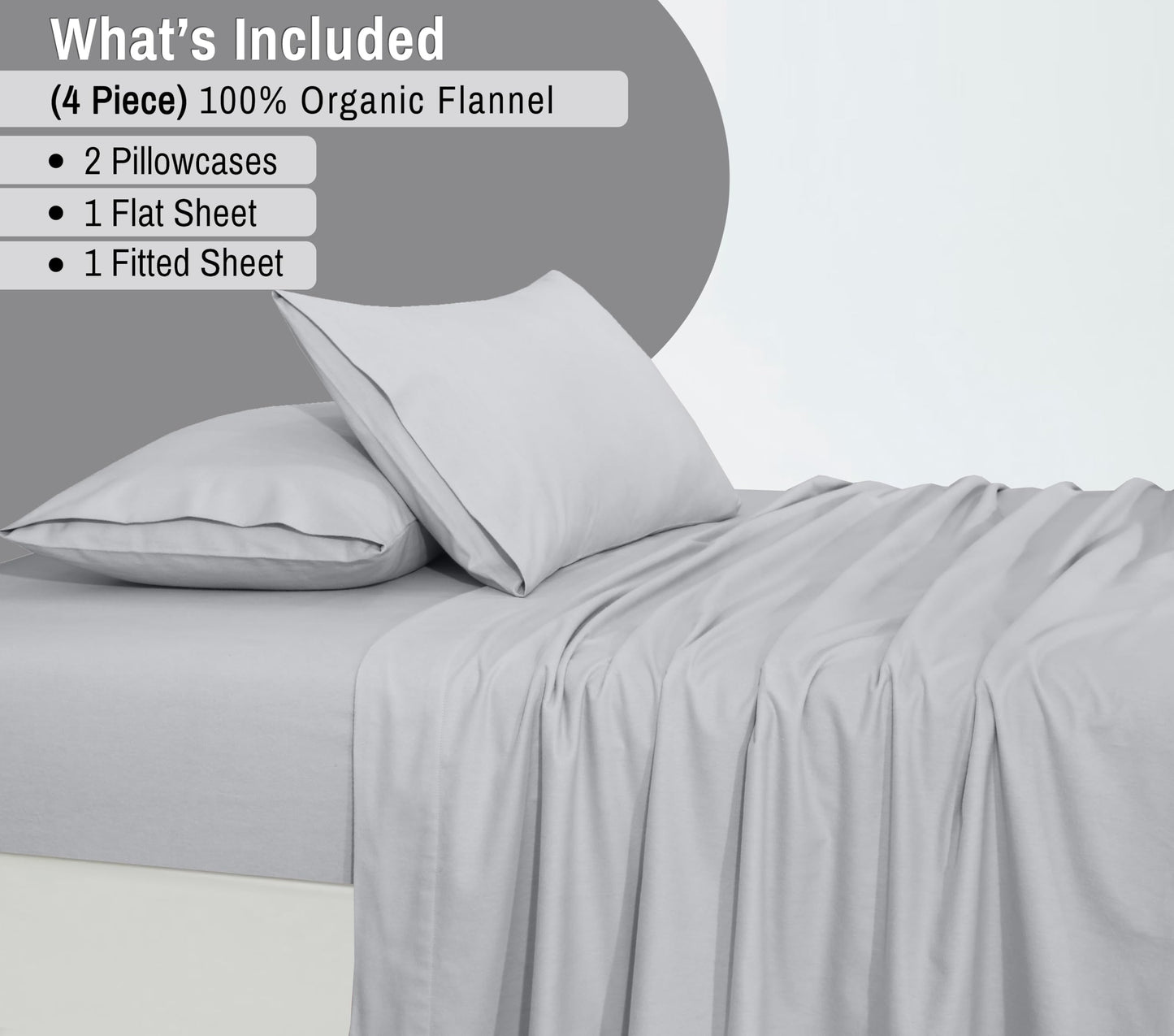 RUVANTI Flannel Sheets Queen Size - GOTS Certified 100% Organic Cotton, 4 Piece Warm, Soft & Breathable Set, Deep Pocket Snug Fit, Double Brushed Cozy All Season Bedding, Light Grey