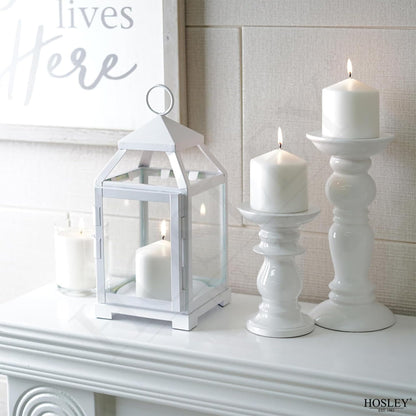 Hosley Set of 2 Clear Glass and Iron White Color Farmhouse Classic Style Lantern 12 Inch High Ideal Gift for Weddings Bridals Special Occasions Parties Aromatherapy and Spa Settings O4