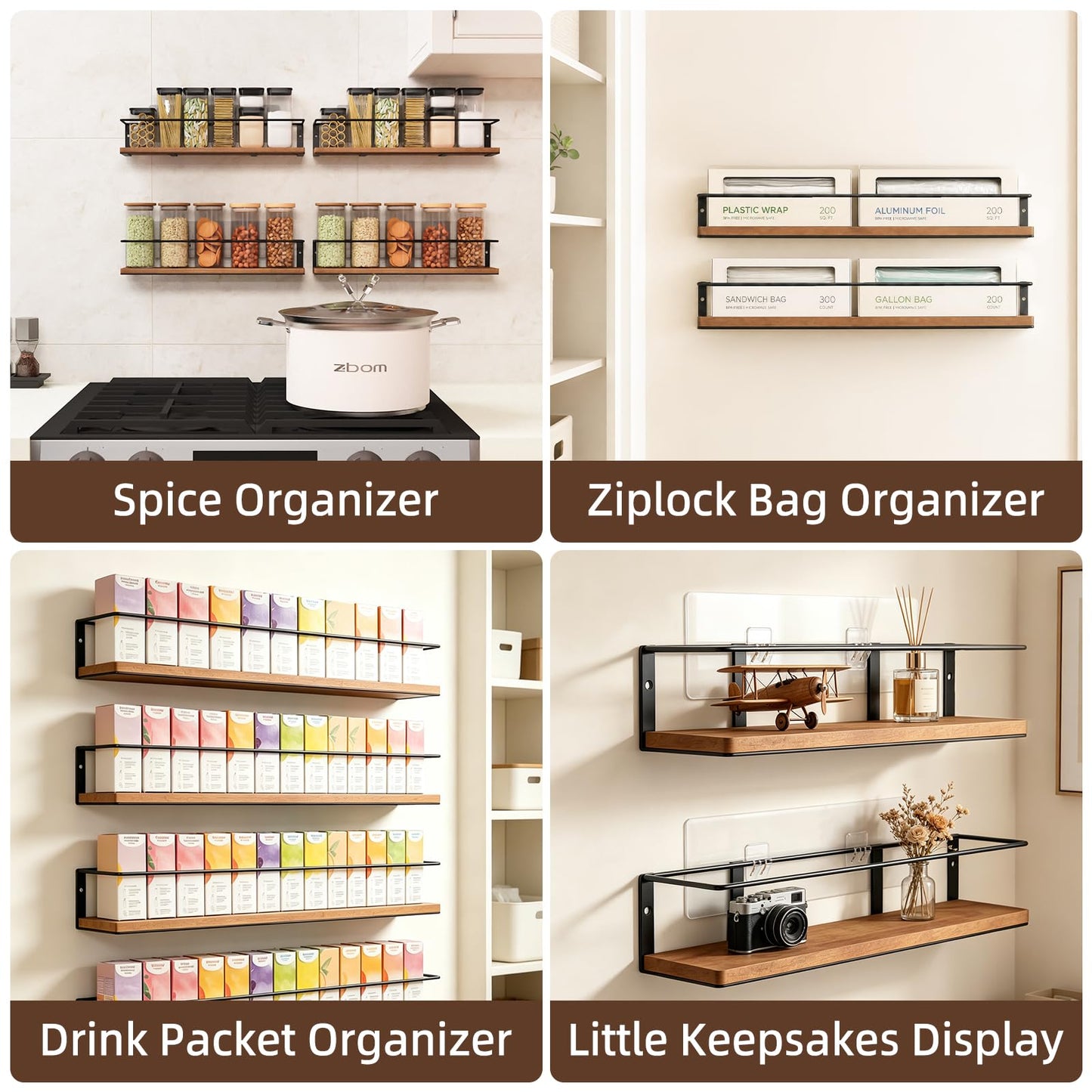 GIGIFTREE Spice Rack Self-Adhesive or drilling, Rustic Style Hanging Spice Rack, Spice Organization for Cabinet Door or Wall Mount, Over The Stove, Kitchen Wall, 2-Pack