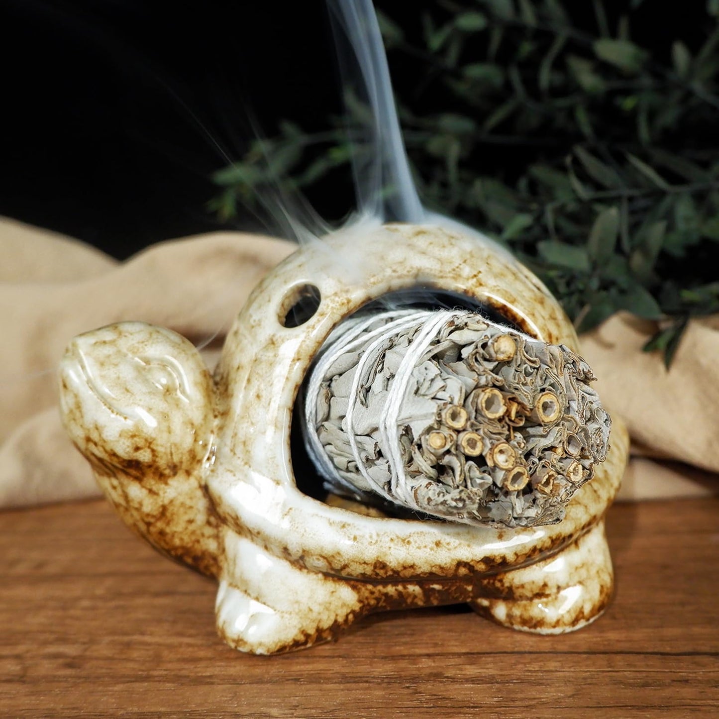 Mougigi Handcrafted Brown Ceramic Turtle Mini Chiminea Palo Santo Burner Holder ，for Burning Sage、Cone Incense、Copal&Small Candle，Thoughtful Gifts for Meditation, Yoga, Aromatherapy Altar、Zen Spaces