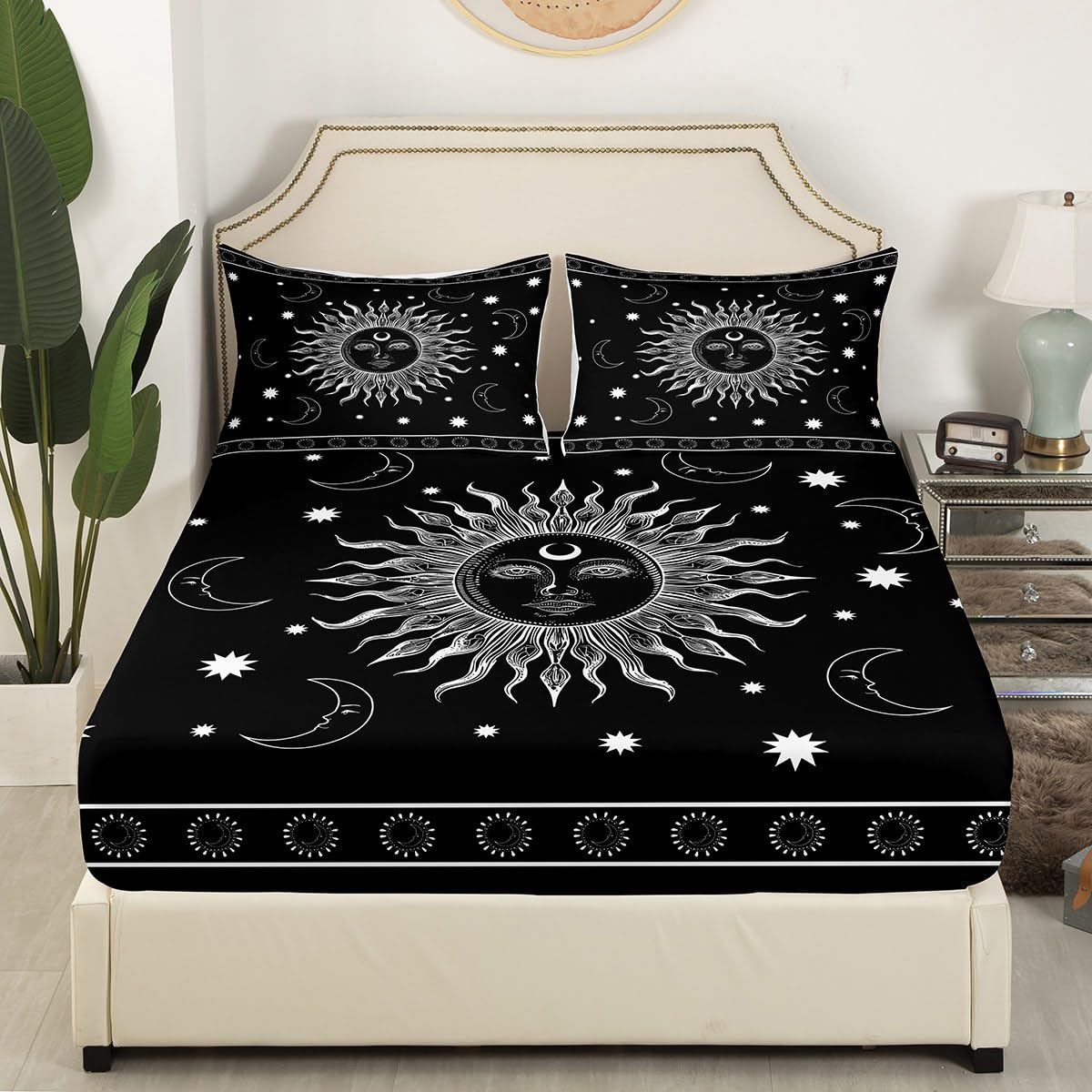 Feelyou Sun and Moon Fitted Sheet Boho Exotic Bedding Set for Kids Boys Girls Teens Decor Bohemian Celestial Bed Sheet Set Black White Hippie Design Bed Cover No Flat Sheet 2Pcs Twin Size
