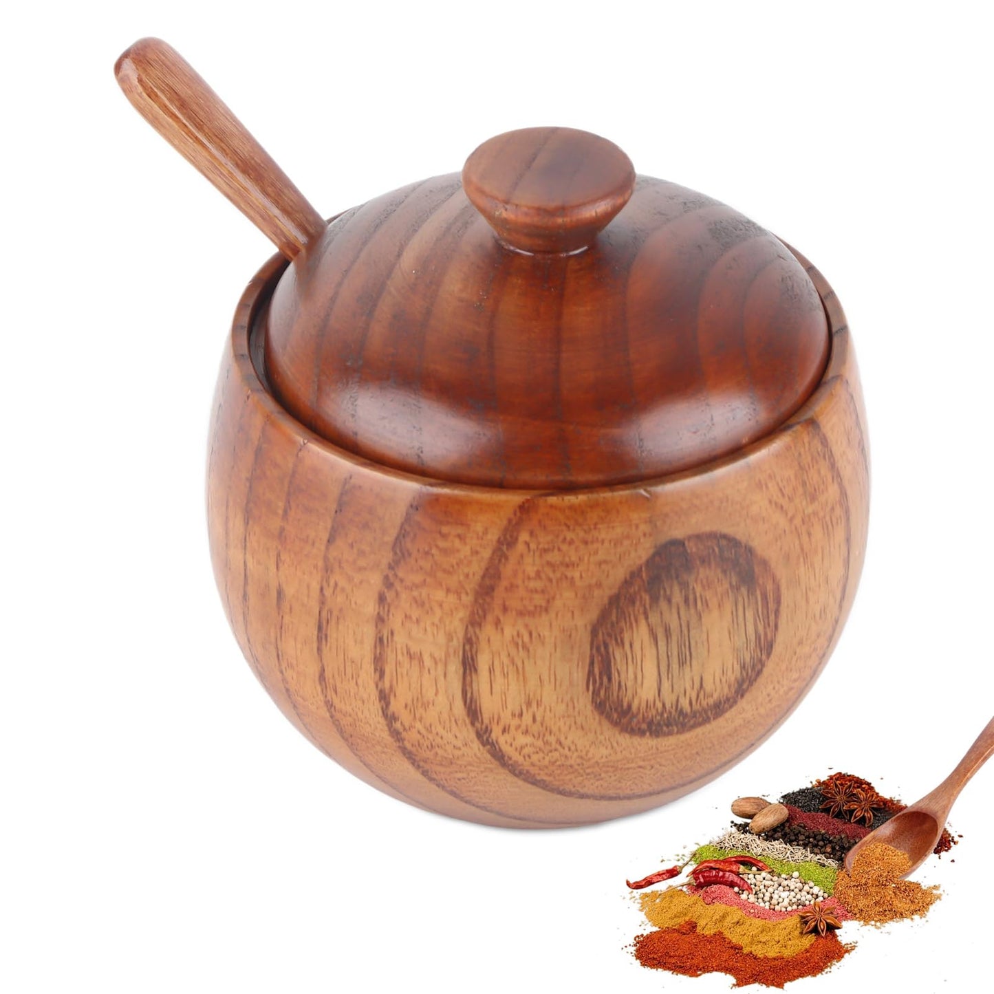 Gsycle Wooden Salt Box with Lid & Spoon, Seasoning Pot Sugar Bowl Wood Salt & Spice Jar Box Salt Keeper, Pepper, Tea Container for Kitchen Countertop Restaurant