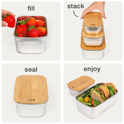 Calm Organics Stainless Steel Food Containers with Bamboo Cutting Board Lids | Set of 3 Reusable Meal Prep Boxes | Airtight Leak-Resistant | Dishwasher Safe | BPA-Free | 2, 4, 6 Cup Sizes