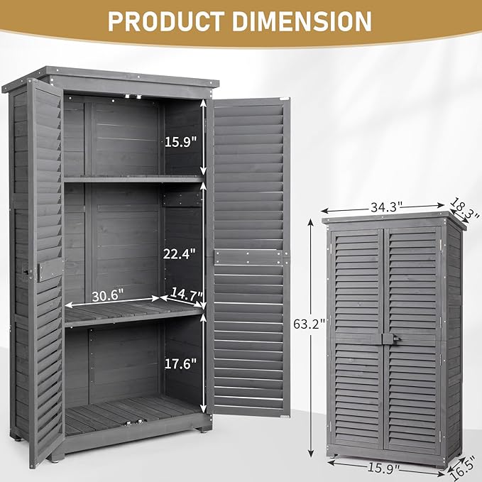Outvita Outdoor Storage Cabinet, 63in Wooden Garden Tools Shed with 2 Lockable Doors, 3 Adjustable Shelves, Waterproof Roof for Yard Garge Patio Deck Porch（Grey）