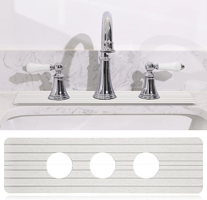 3 Hole White Faucet Mat for Kitchen Sink Bathroom 16.1" x 5" Kitchen Faucet