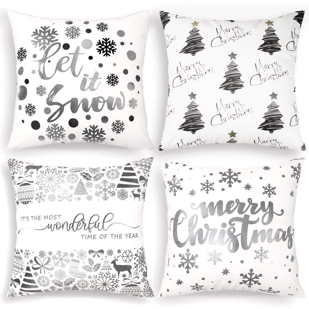 JOJOGOGO Christmas Decorations Silver and White Christmas Pillow Covers 18x18 Set of 4, Silver Xmas Decor Snowflake Christmas Tree Let It Snow Decorative Throw Pillows for Bedding Couch Sofa