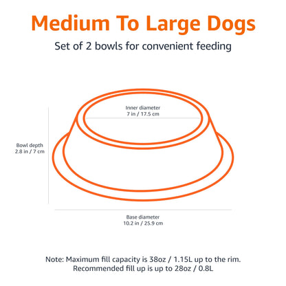 Amazon Basics Stainless Steel Non-Skid Dog Water And Food Bowls, Dishwasher Safe, Rust Resistant, 38oz Capacity, 10 x 2.8 Inches, 2-Pack