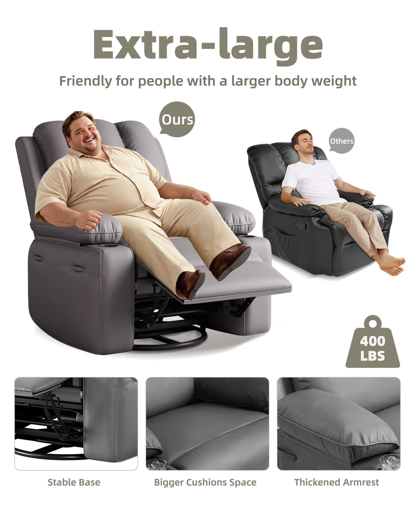 Garvee Oversized Swivel Rocker Recliner Chair - Heat and Massage, Leather Manual Recliner for Adults, Lazy Chair with Cup Holders, Comfort Arms and Back Single Sofa for Living Room
