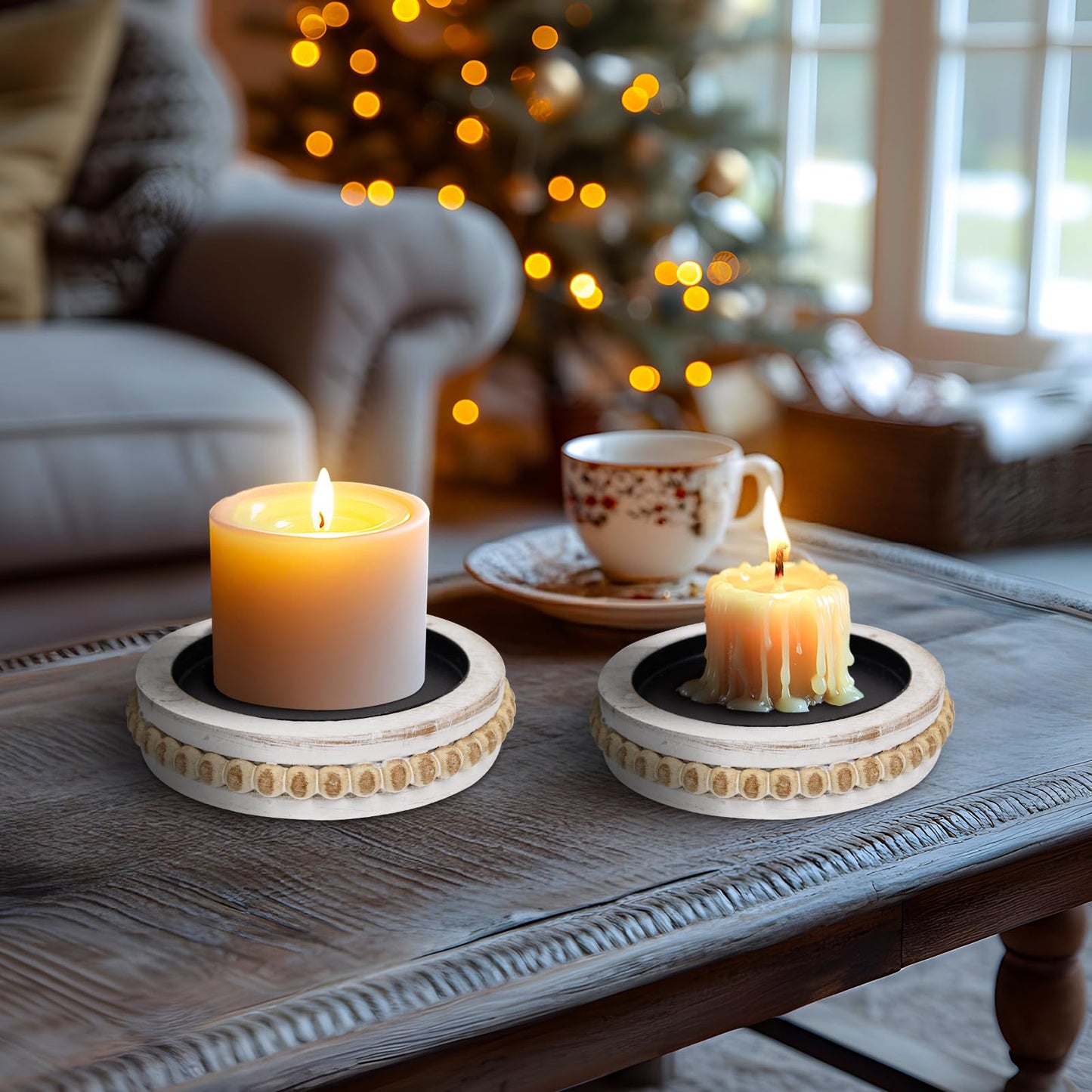 Candle Pedestal for Pillar Candle Set of 2, Rustic Round Beaded Risers Wood Tray, Farmhouse Wood Beaded Trayfor Tiered Tray, Candle, Mug Display Decorative, Table Centerpiece, Antique White
