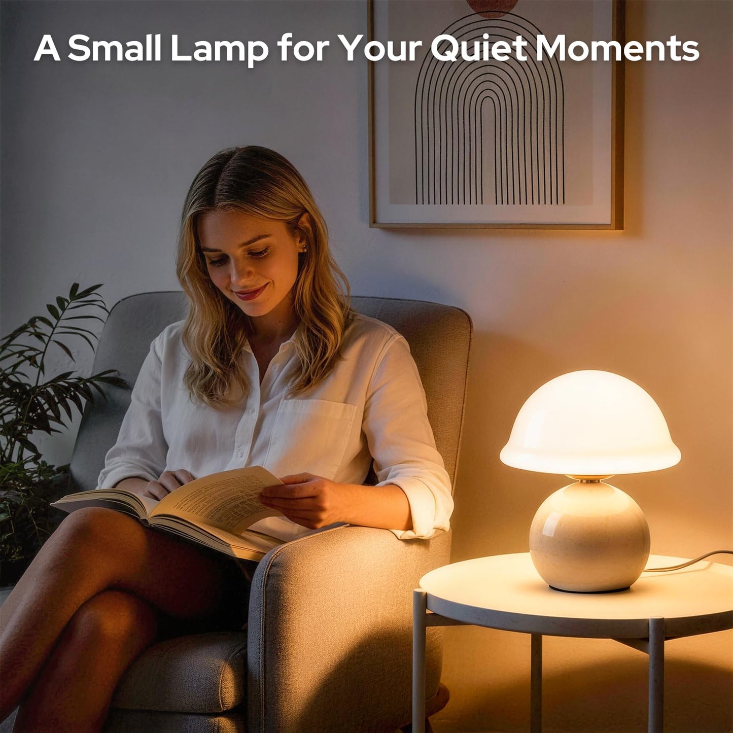 Komothala Mushroom Table Lamp for Bedroom, Cozy Bedside Lamp with Glass Shade, Stepless Dimmable Nightstand Lamp for Relaxing Bedroom Decor & Aesthetic Home (White)