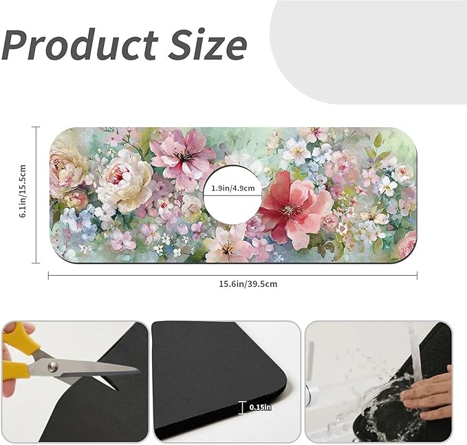 Kitchen Sink Splash Guard，soft-watercolor floral Faucet Mat Sink Gadgets-Super