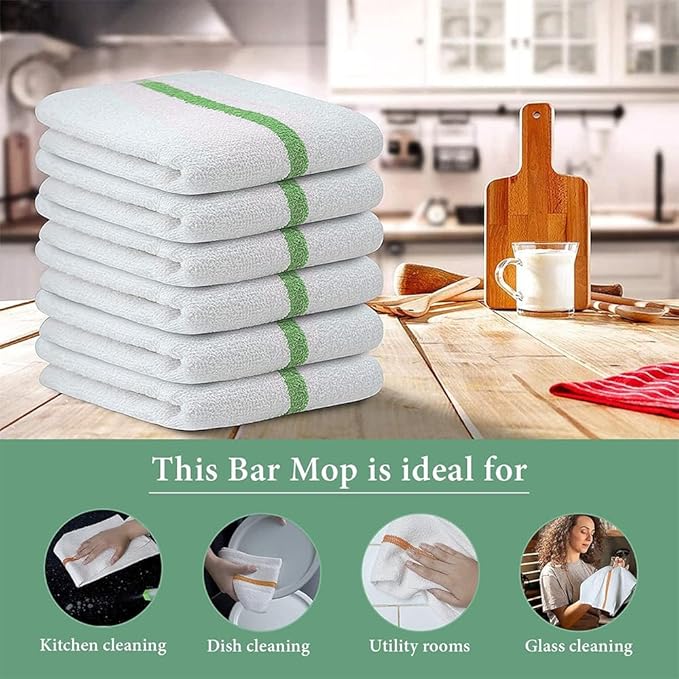 Bar Mop Green Stripe 10 lbs 16x19 Pack of 60, 100% Cotton Double Stitched Route