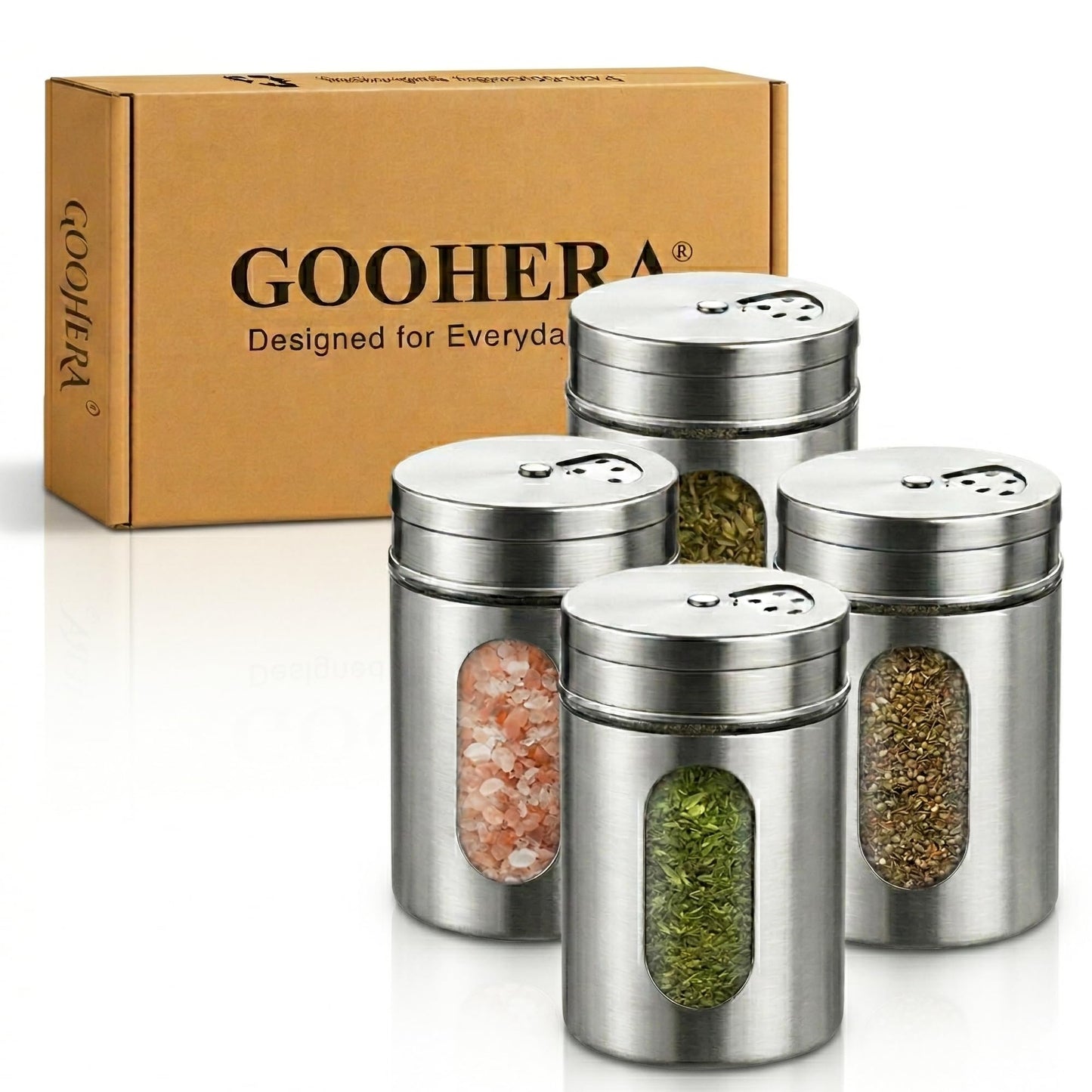 GOOHERA 4-Piece Salt and Pepper Shakers Set, 100mL (3.38oz) Each – Premium Stainless Steel Spice Dispensers with Adjustable Pour Holes – SILVER