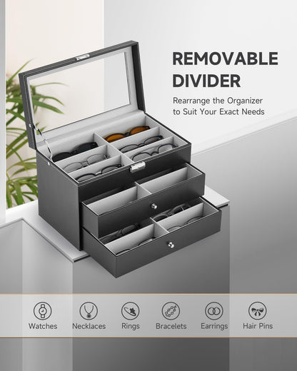 CO-Z 18 Compartment Sunglasses Organizer, Leather Eyeglasses Storage Box for Women Men, Lockable Eyewear Display Case with Drawer, Glasses Holder with 18 Slots for Watches Jewelry Collection, Black