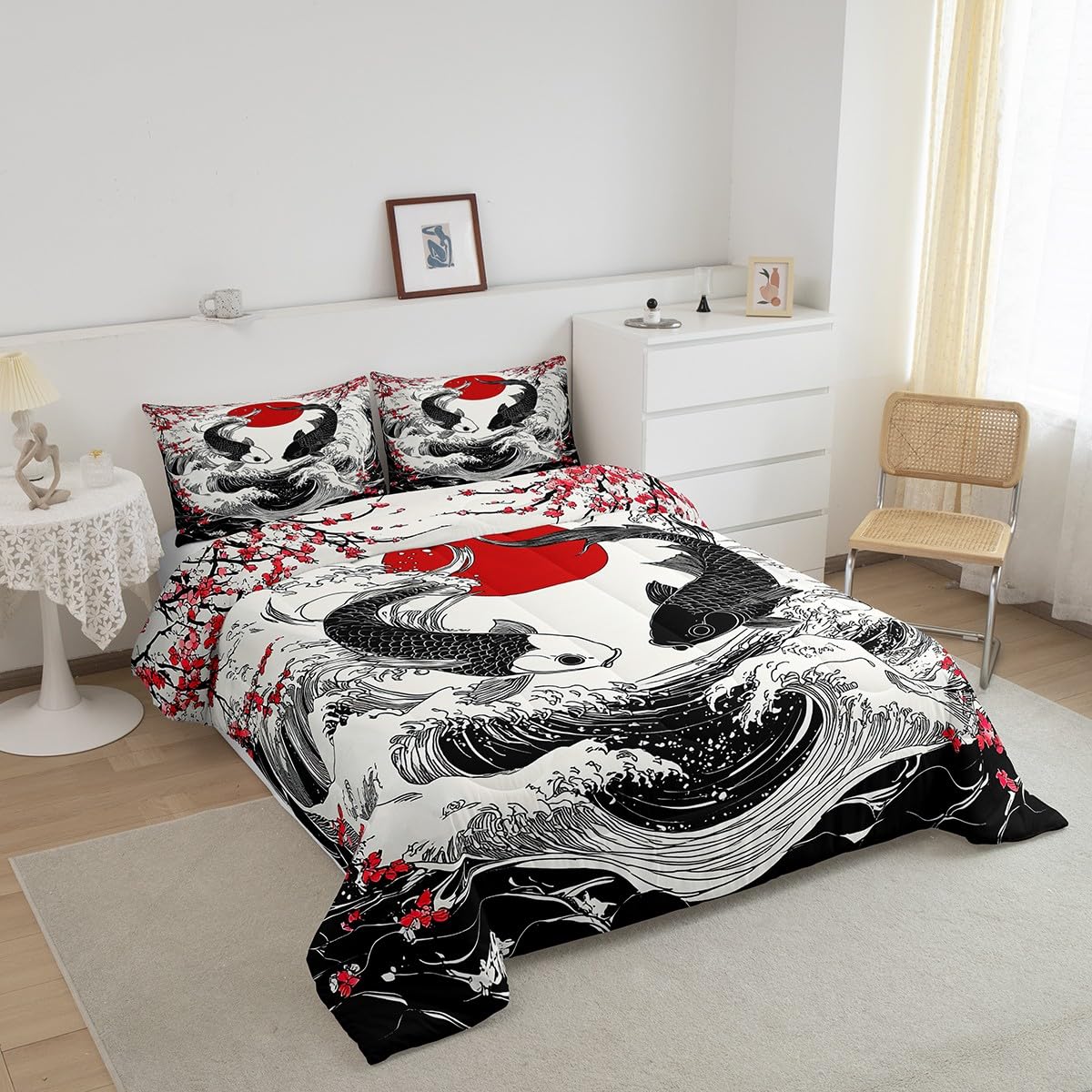 Feelyou Ocean Wave Fish Bedding Set for Kids Boys Girls Queen Size Cherry Blossoms Comforter Set Ultra Soft Exotic Comforter Japanese Ukiyoe Theme Duvet Quilt Bedroom Decor Sunset Quilt