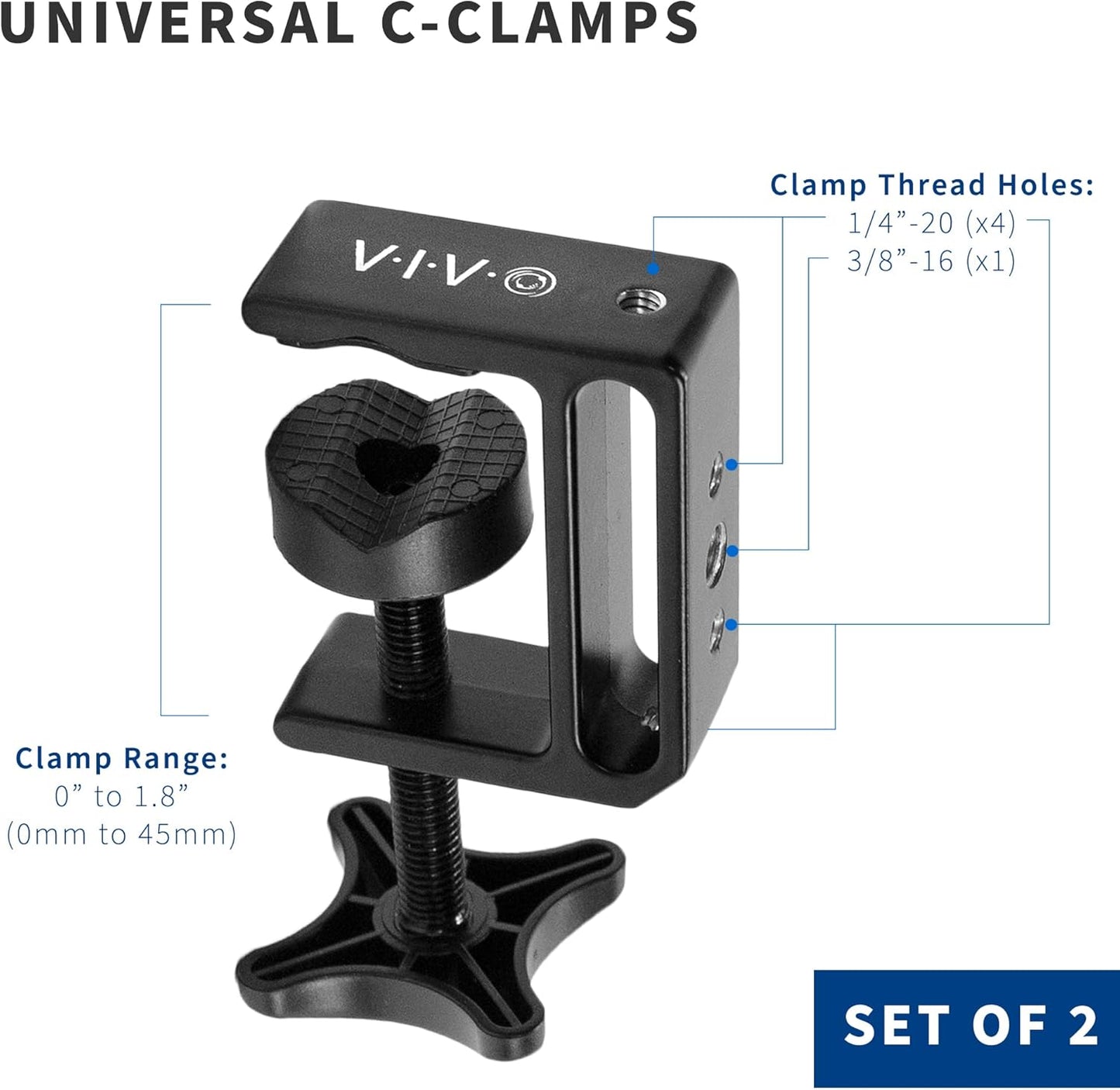 VIVO Aluminum C-Clamp with 1/4 inch-20 and 3/8 inch-16 Female Socket, 5 Mounting Threads, up to 1.8 inch Desktops, 2 Pack, Black, MOUNT-CP02