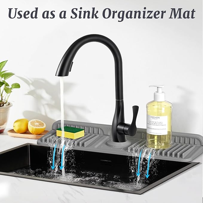 PoYang 17.7 inch Faucet Mat for Kitchen Sink Splash Guard, 7° Slope Silicone