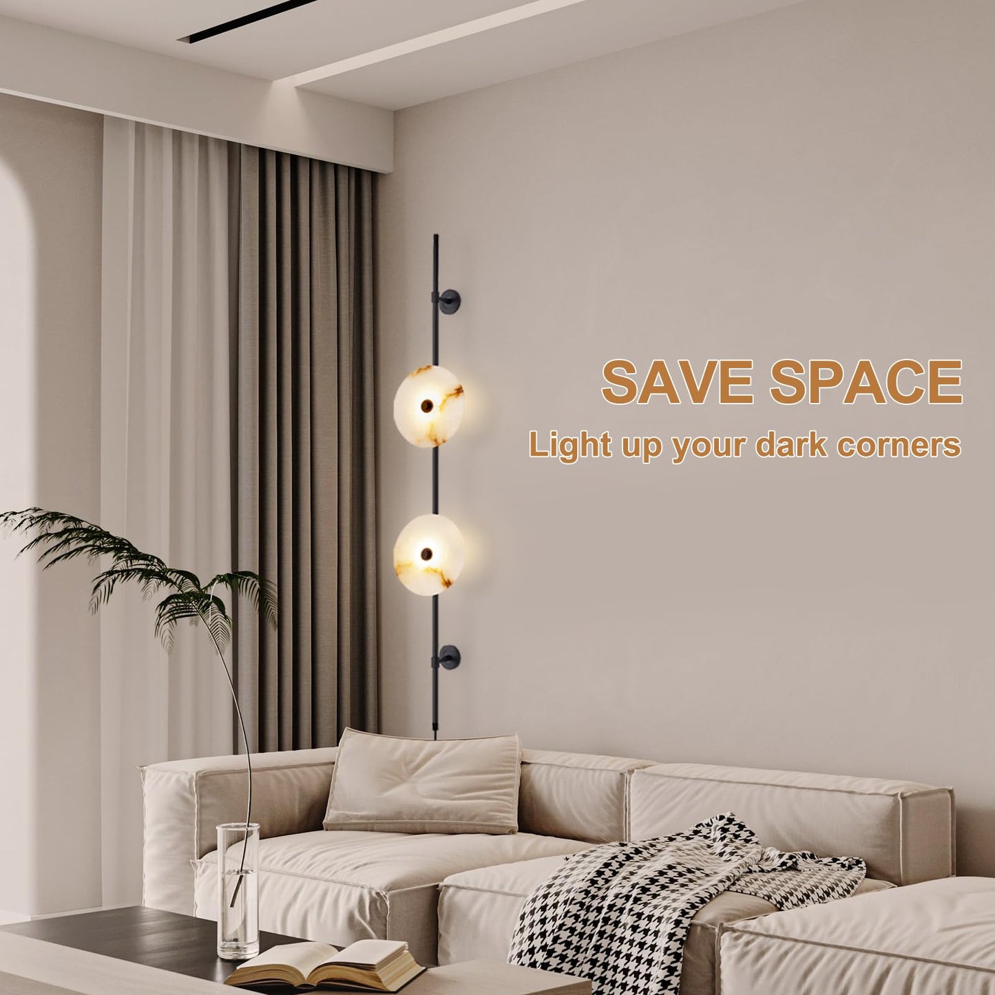 HOMLUCE Alabaster Wall Sconce,8W Round Natural Marble Plug in Wall Sconce Lamp Cord with Knob Dimmer Switch, Indoor LED Modern Wall Lamp for Bedroom, Stairs, Living Room, Bedside, Hallway (Black)