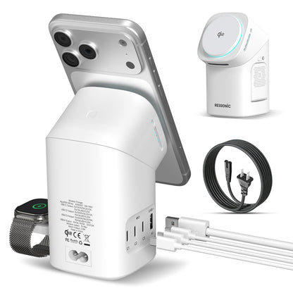 6-in-1 Charging Station, Desktop Charger with QI2 15W Wireless & 65W USB-C Hub, 3 USB-C + USB-A, Smart Power for iPhone, Android, Earbuds, Watch, Laptop for Office Desk & Nightstand (White)