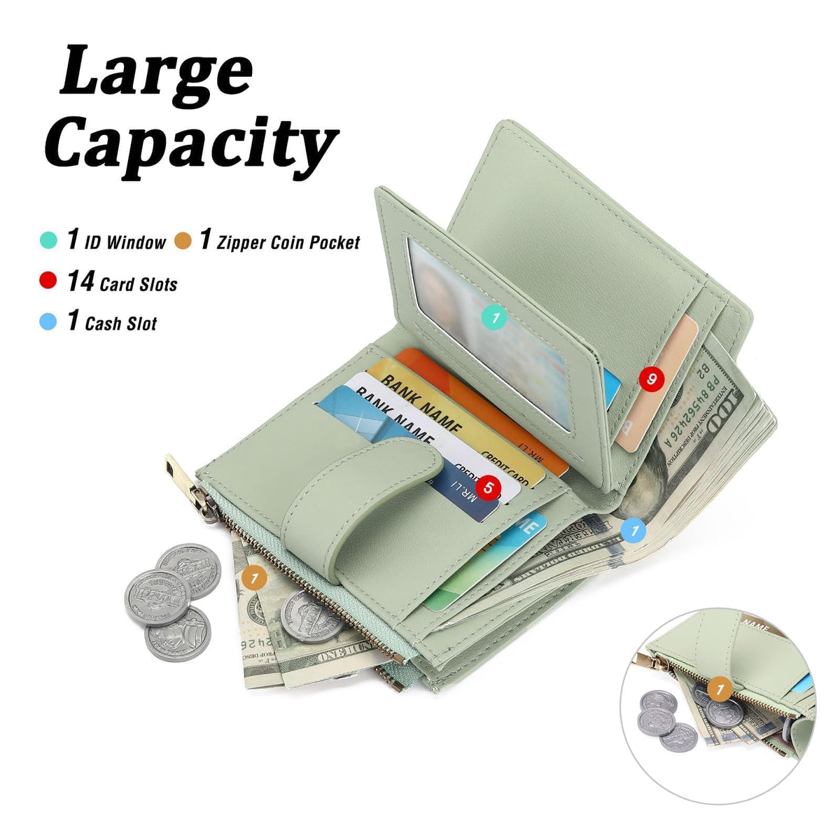 GAEKEAO Small Wallet Women Vegan Leather RFID Blocking Bifold Ladies Compact Card Holder with Zipper Pocket & ID Window